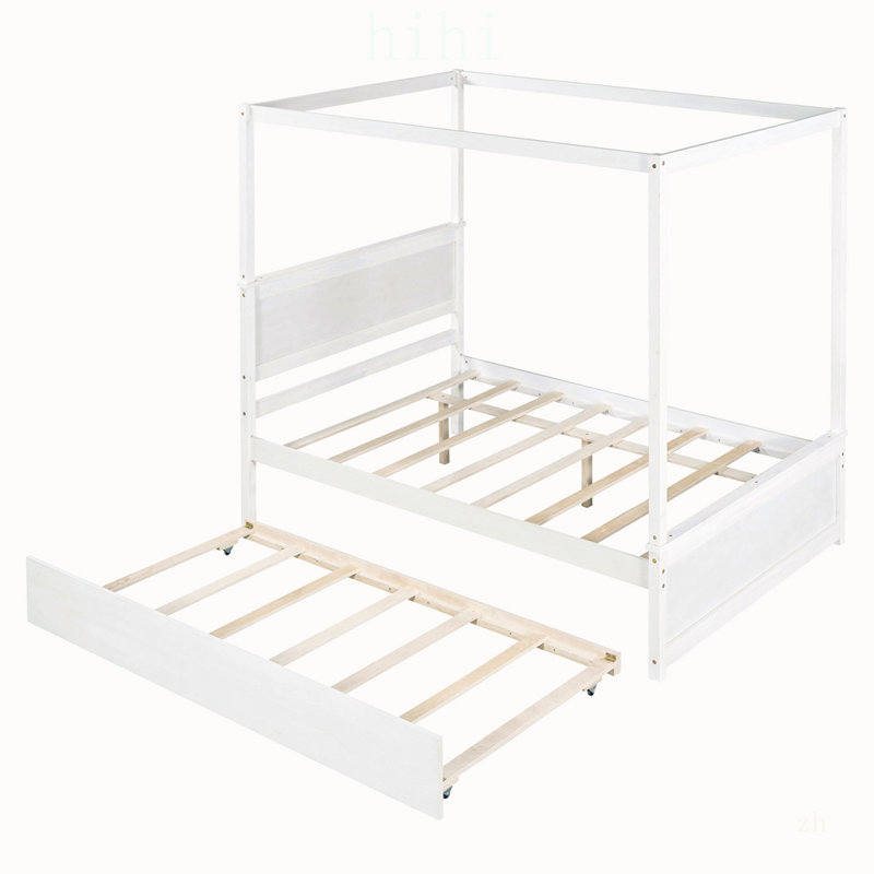Lit à baldaquin en bois avec lit gigogne, plateforme double avec sommier à lattes, sans sommier tapissier, gain de place et élégant