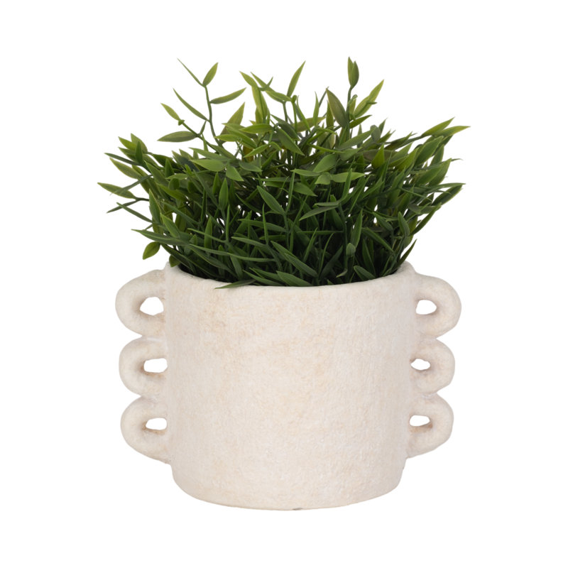 Pottery and Cement Planter with Unique Multi-Loop Handle Design Stylish Contemporary Accent, 5" H x 8" W x 5.50" D, White