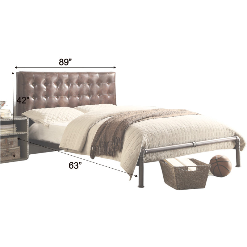 Grand lit en cuir brun - plateforme avec tête de lit à boutons et compartiment de rangement synthétique