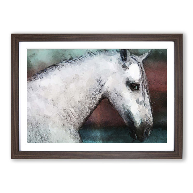 White Horse Portrait in Abstract - Picture Frame Painting Print, 50cm H x 76cm W x 2cm D, Walnut