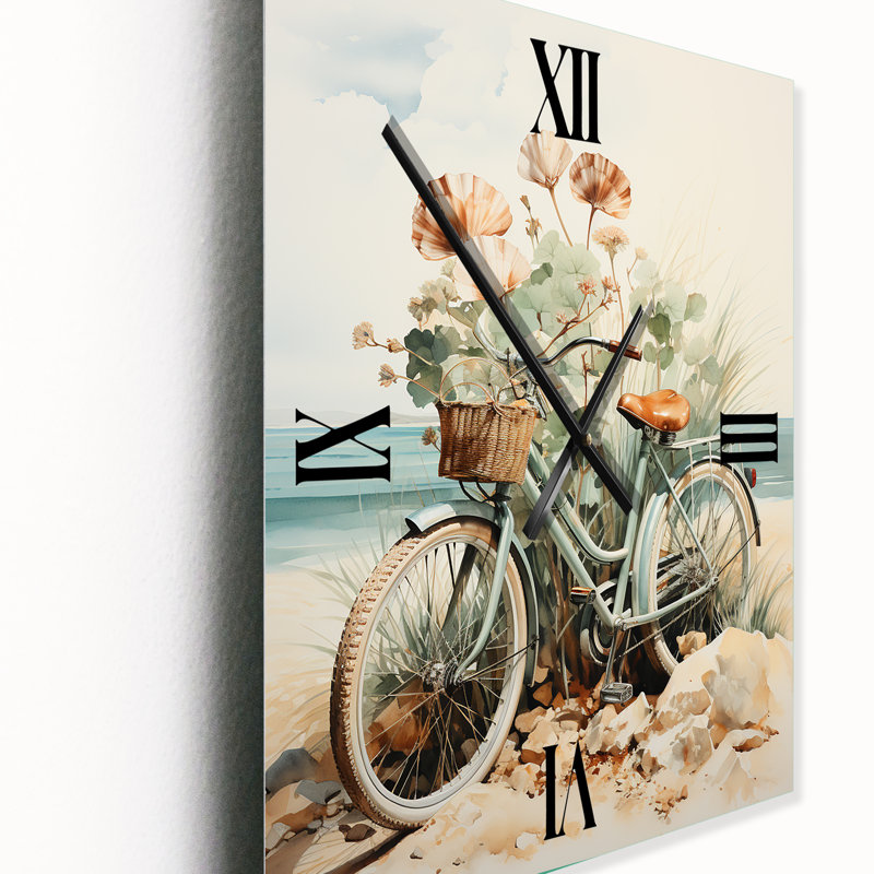 Vélo rétro bleu avec panier sur la plage I - Horloges murales de plage, Grand