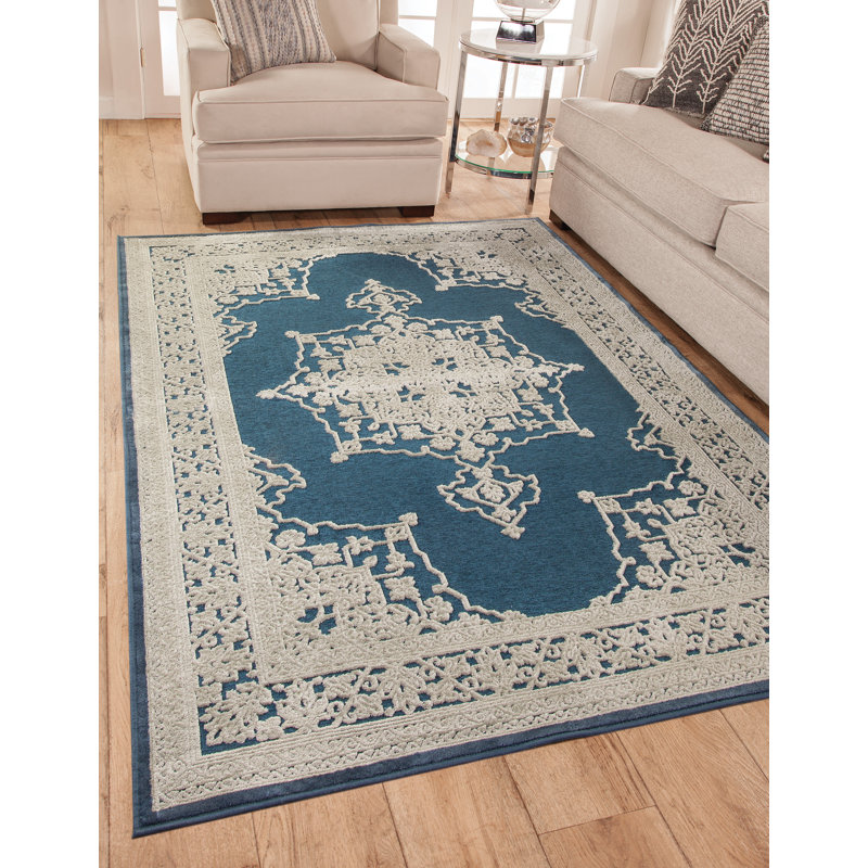 Tapis bleu / naturel Ahmarria, Rectangle 5 pi 3 po x 7 pi 6 po