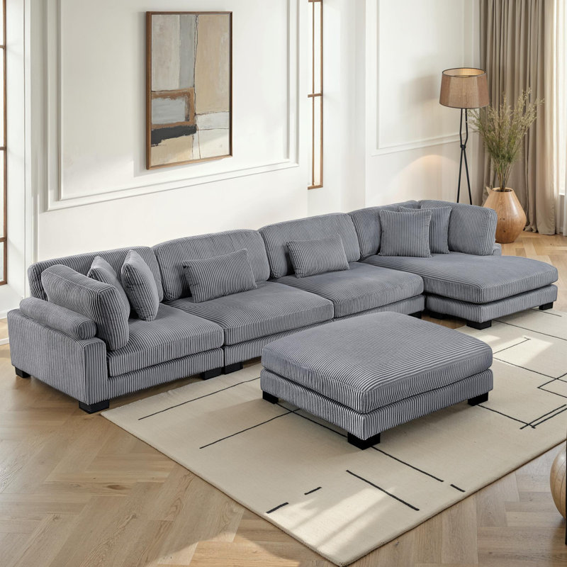 Hulett Modern Modular Sectional with Corduroy Fabric, Adjustable Backrests, Pocket Coils, Gray Corduroy