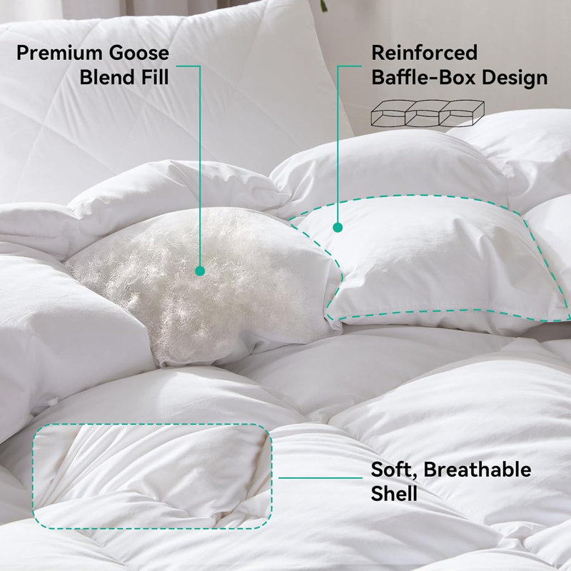 Édredon en duvet d'oie toutes saisons avec mélange de coton doux sans bruit, 90 x 90 pouces, Grand lit