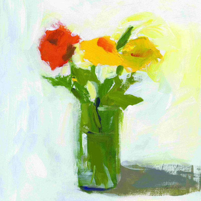 Floral orange et jaune - peinture sur toile tendue, H 12 po x l 12 po