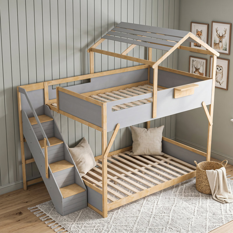 Lit superposé House avec escalier intégré et lumières DEL réglables à 3 couleurs avec tablettes, Double sur double, Gris