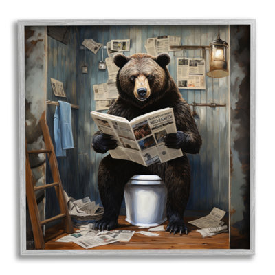 Bear with Newspaper Bathroom Single Picture Frame Print on Canvas