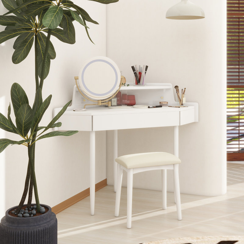 Modern Corner Makeup Vanity Desk With Large Storage, LED Mirror & Stool, Brightness Adjustable, Space-Saving For Small Places, White