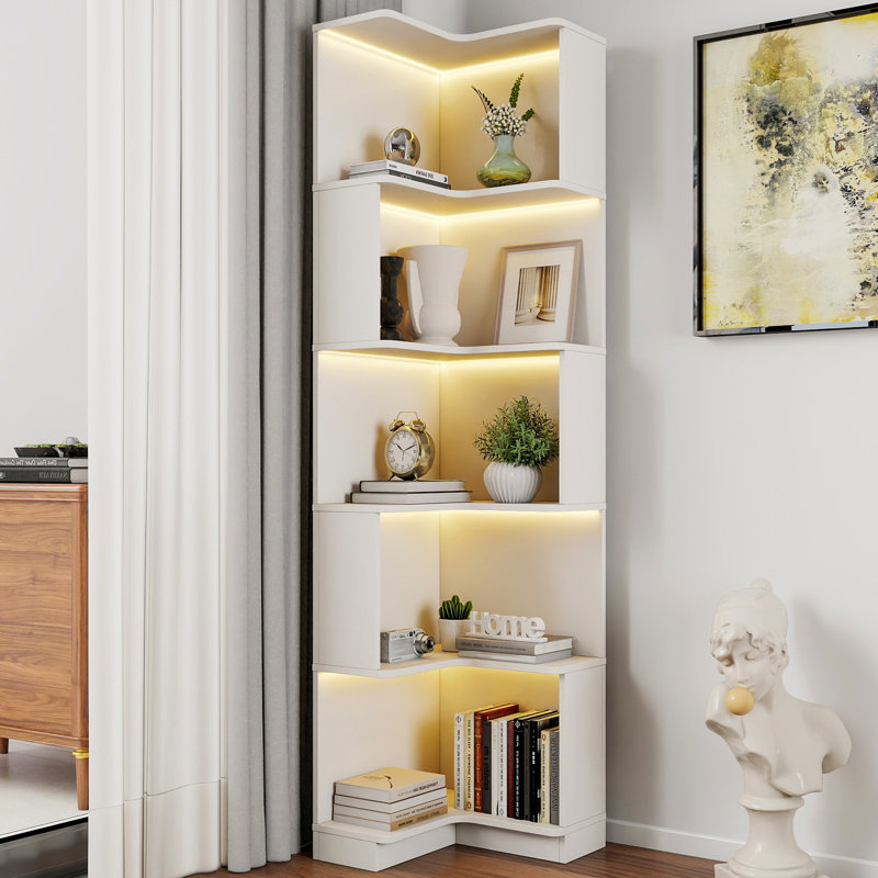5-Tier Corner Bookshelf, 69-Inch Tall Corner Bookcase, White