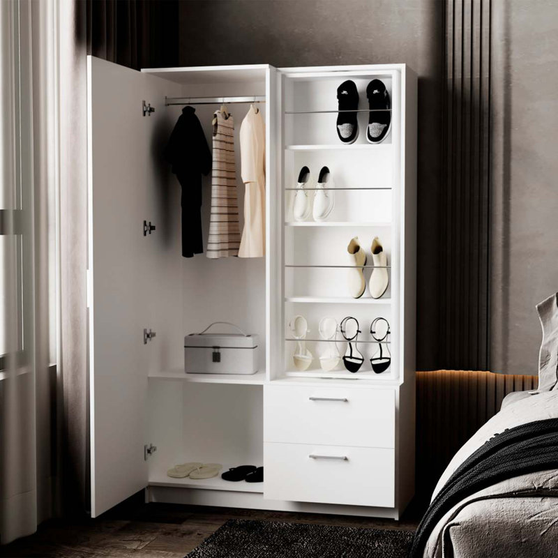 White Armoire Wardrobe With Open Storage And 2 Drawer