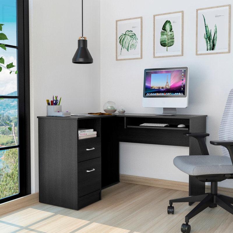 Bureau en L, plateau à clavier, deux tiroirs, une tablette ouverte, Noir, H 30,4 po x l 47,24 po x P 41,3 po