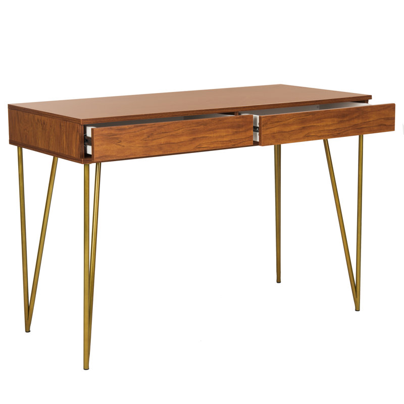 Amelda Metal Base Writing Desk, Natural/Gold