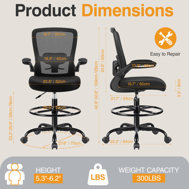 Mesh Drafting Chair Tall Office Chair With Adjustable Footrest Ring, Black, Black