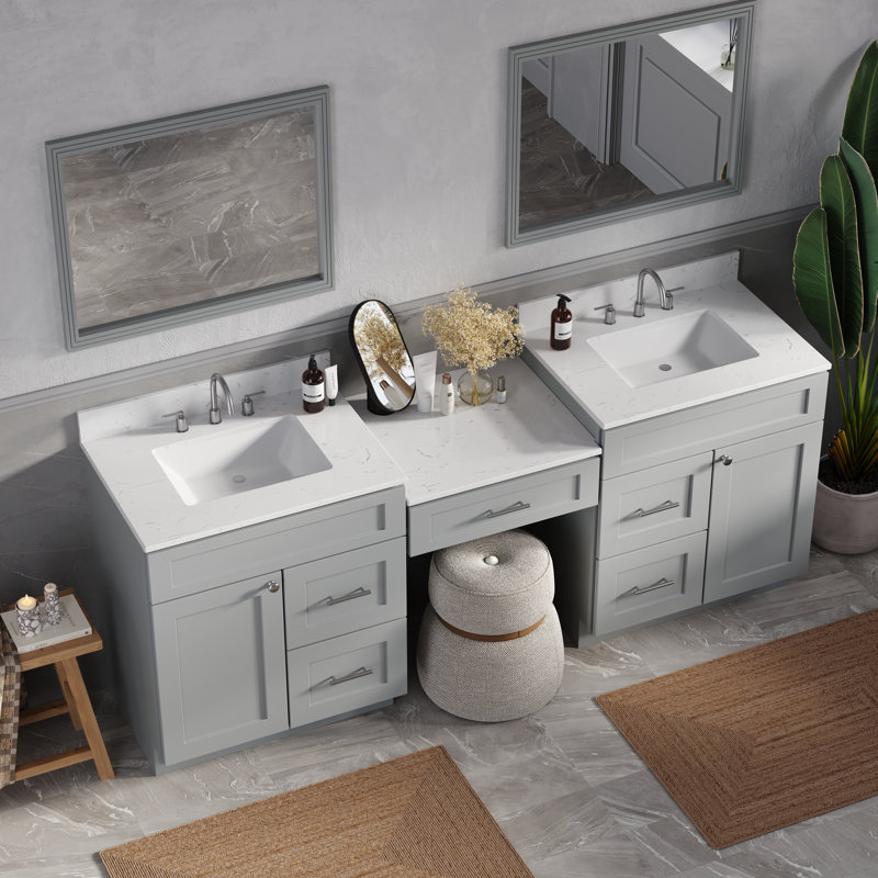 Meuble-lavabo double 84 po avec tiroir en bois massif et comptoir en quartz de Carrare, Gris