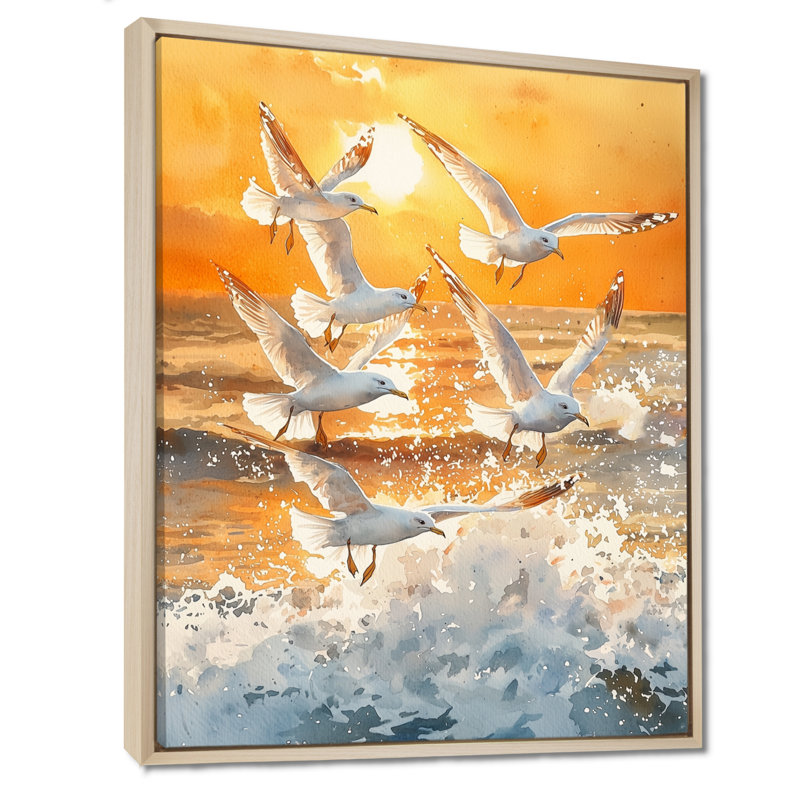 Aydenne mouettes au lever du soleil II - oiseau, art mural, H 40 po x l 30 po, Impression encadrée flottante, Crème, crème