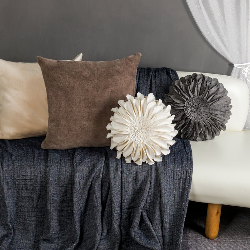 Appliqued Throw Pillow 3D Sunflower Accent Pillow Cover & Insert, Square 14", Creamy White - Solid Suede