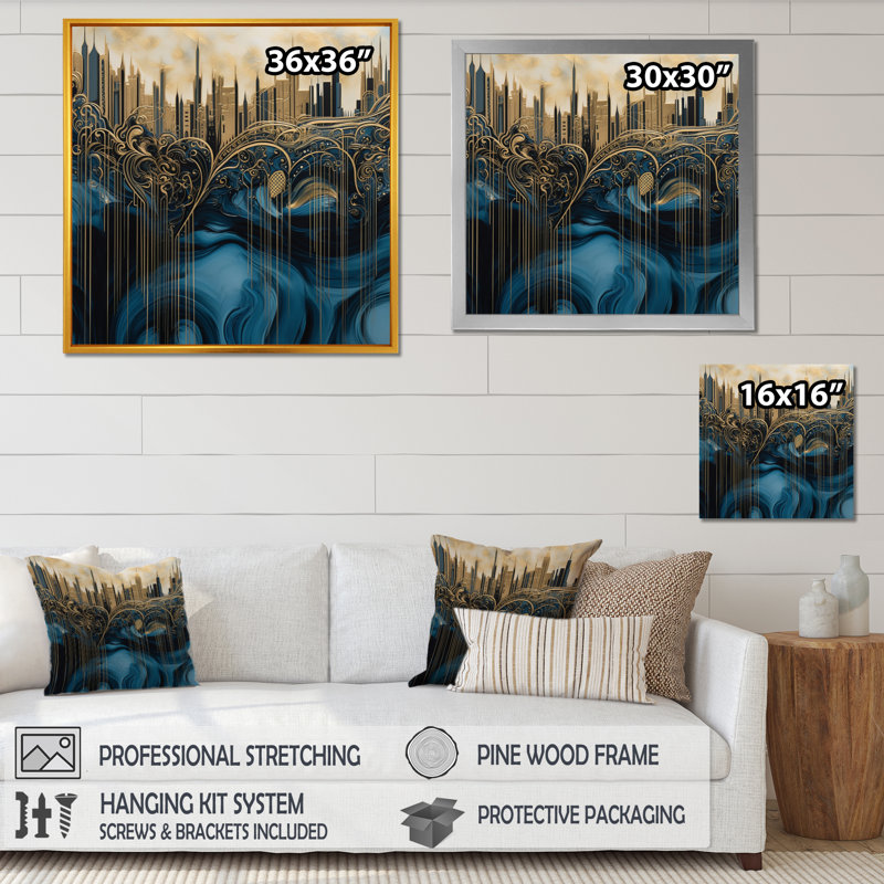 «Gold and Blue Urban Elegance I», reproduction sur toile encadrée, H 16 po x l 16 po x P 1 po, Cadre photo noir
