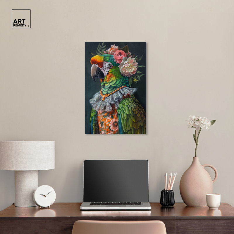 Colorful Parrot Portrait on Canvas with Floral Accents, 24" x 16"