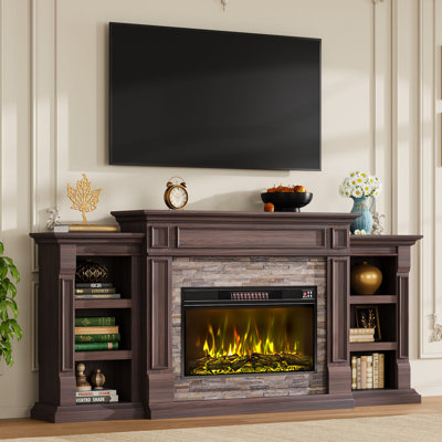 80 Inch Fireplace Tv Stand With 30" Electric Fireplace Colorful Flames, Faux Stone Mantel, Adjustable Storage Console, Entertainment Center For Tvs Up To 90 Inches，brown