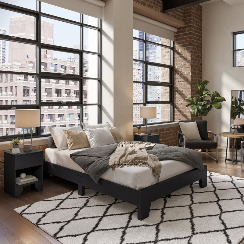 Lugano Black Full Wood Platform Bed Frame with Drawer