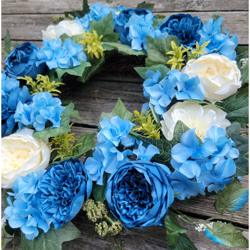 Handcrafted Faux Polyester 22'' Wreath, Blue/Cream