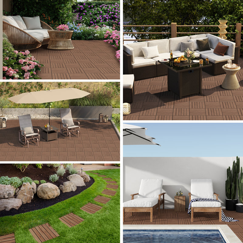 Wood Interlocking Deck Tiles for Indoor and Outdoor, Brown