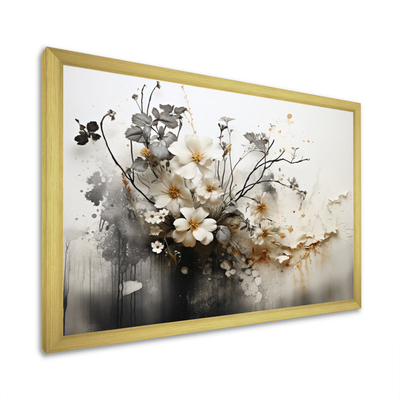Bohemian Earthly Floral Collage I - Art mural abstrait bohème, H 24 po x l 32 po, Reproduction avec cadre flottant, Noir
