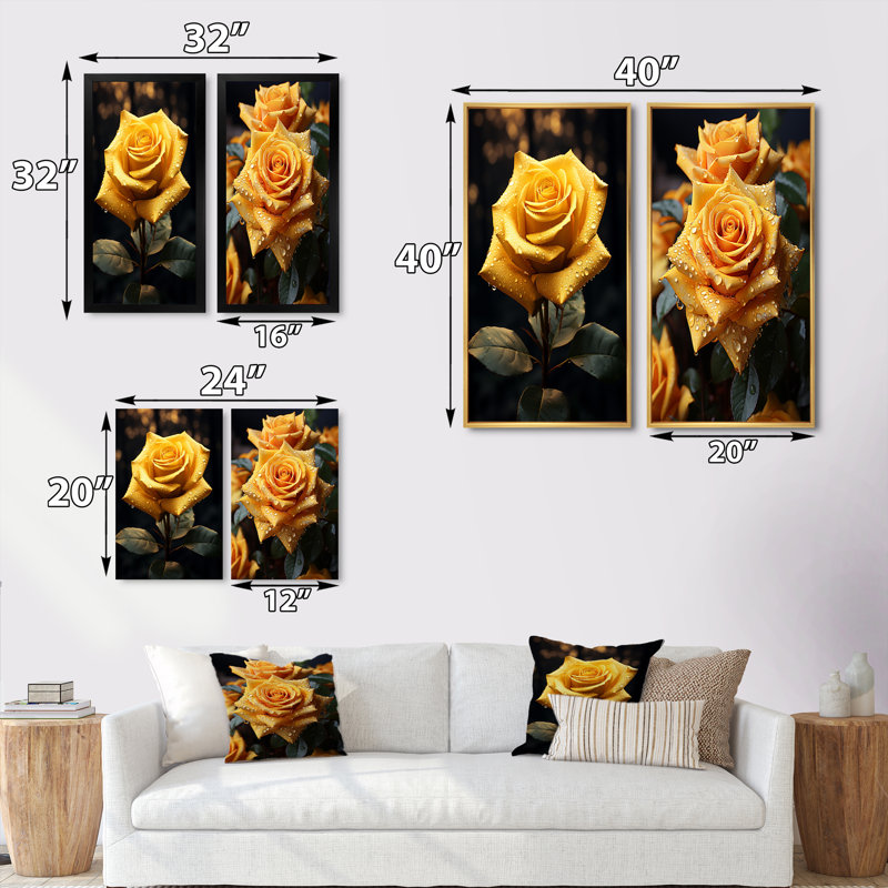 «Yellow Black Rose Elegance» - 2 pièces, Cadre noir, H 20 po x l 24 po