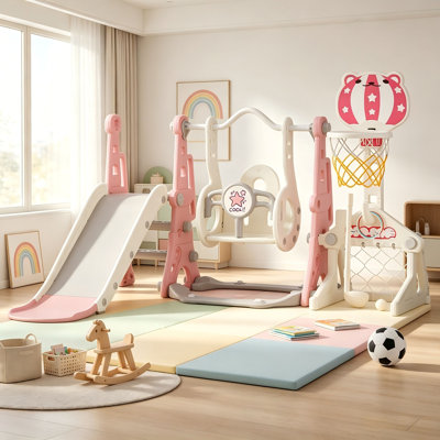 Ensemble 6-en-1 de glissade et de balançoire pour tout-petits avec panier de basketball, but de soccer, jeu de golf et anneau de lancer, aire de jeu intérieure et extérieure en PEHD certifiée ASTM pour les enfants de 1 à 3 ans, capacité de 120 lb