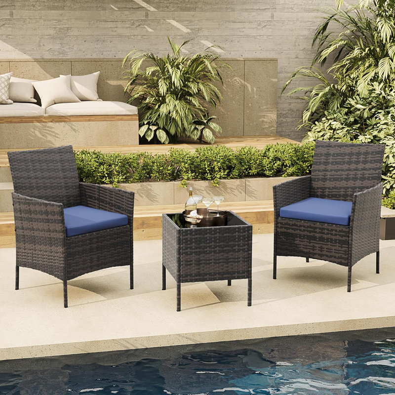 3-Piece Patio Bistro Set, PE Rattan Chairs, Glass Table, Cushions, All-Weather Garden Porch, Blue, Brown