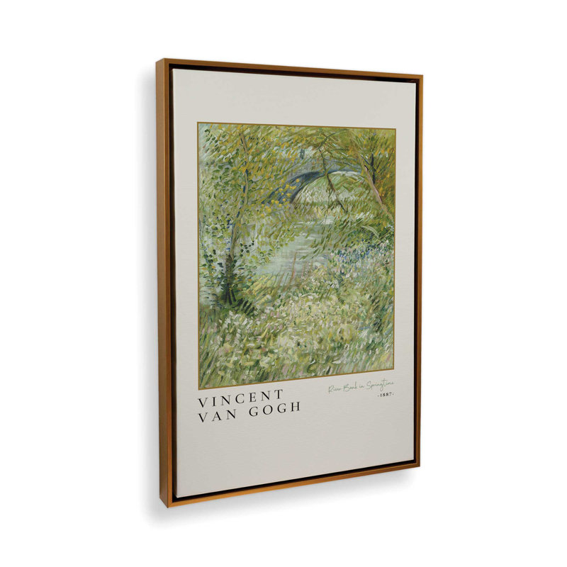 Van Gogh's River Bank au printemps v3, H 48,75 po x l 32,75 po, Cadre flottant or poli