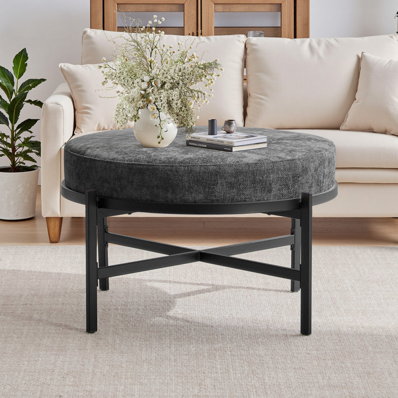 30.7" W Chenille Upholstered Round Ottoman With Adjustable Metal Legs, Gray