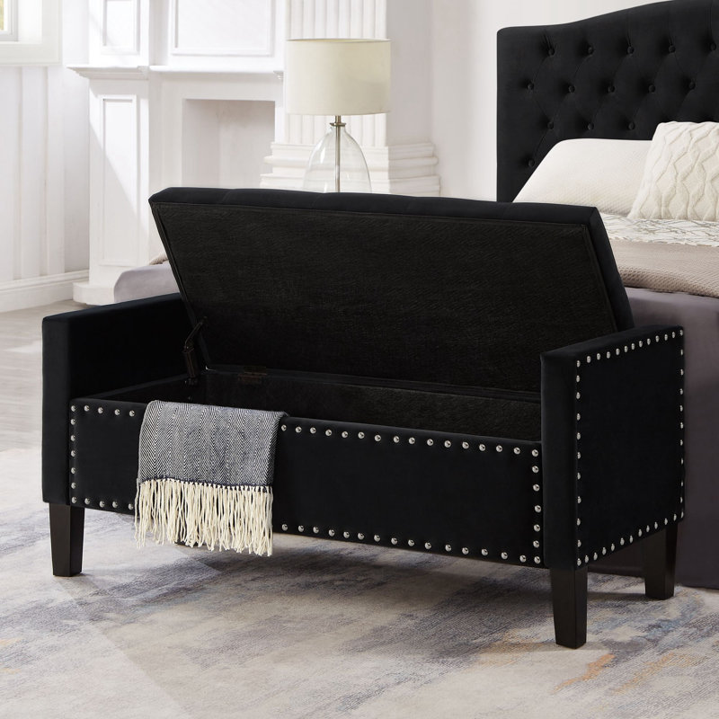 Hasaun Velvet Upholstered Storage Bench, Black