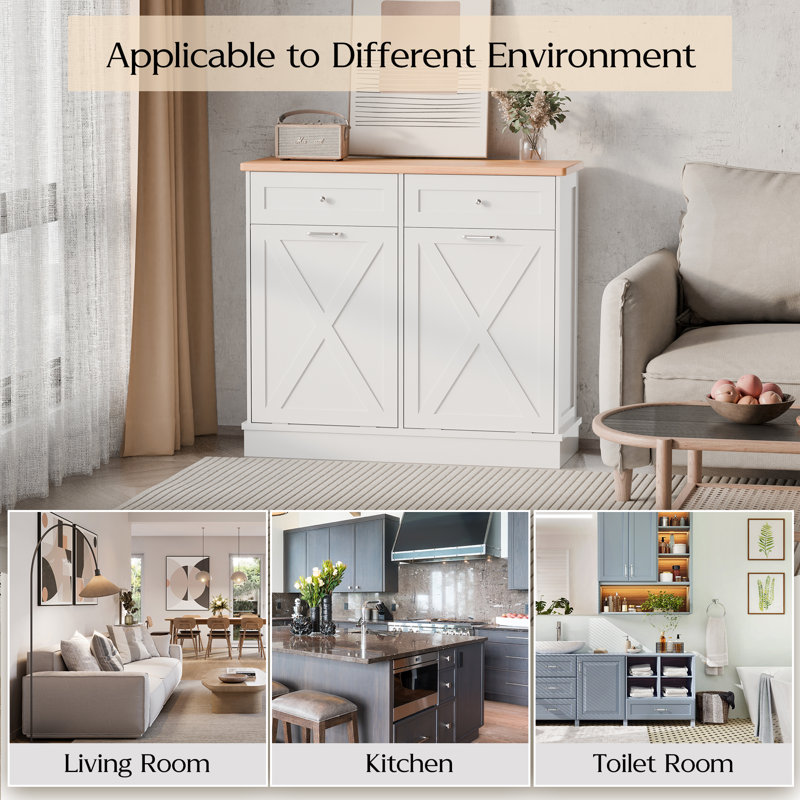 White Rubberwood Double Tilt-Out Kitchen Cabinet with Drawers