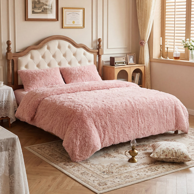 Polyester Solid Colour Duvet Cover Set, King Duvet Cover + 2 Standard Pillowcases, Pink