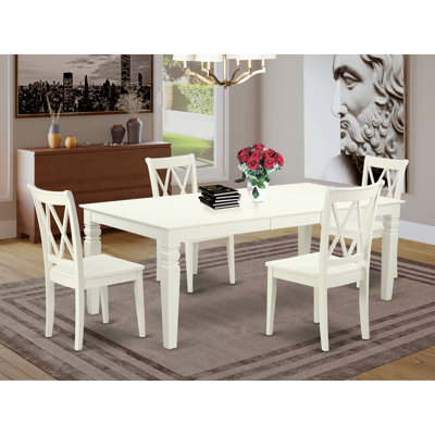 Ensemble de table de salle à manger 5 pièces pour 4 personnes comprenant une table de cuisine rectangulaire avec rallonge papillon et 4 chaises de salle à manger, lin blanc