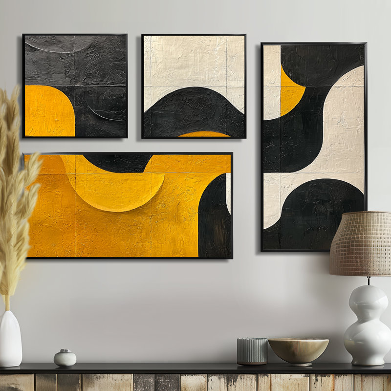 Gray Abstract Shapes Reflections I - Art mural abstrait grand 4 pièces, Impression encadrée sans passe-partout, Noir