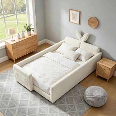 Twin Size Upholstered Platform Bed with Rabbit Ear Headboard, Safety Rails & Storage Pocket, Soft Boucle Fabric, Beige
