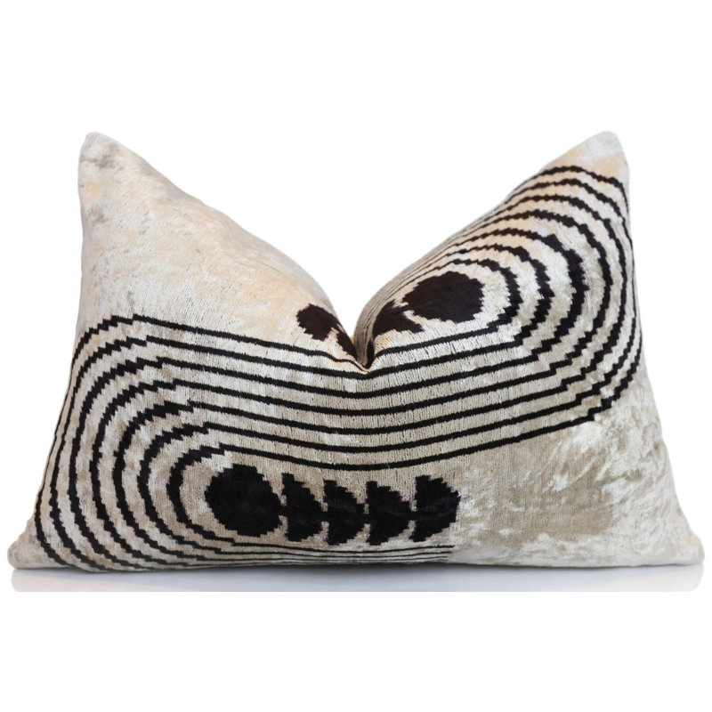 Coussin lombaire en velours de soie géométrique noir et argent - coussin moderne fait à la main 16 x 24