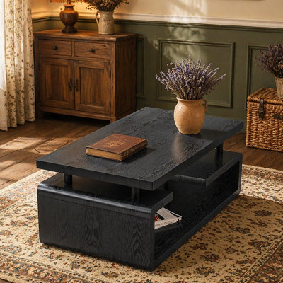 Three-Tier MDF Coffee Table with Black Wood Grain Finish, Modern Multi-Layer Storage Coffee Table Sturdy Frame for Living Room Office
