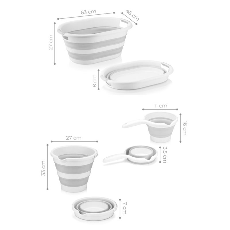 Ensemble de panier à linge en plastique durable (4 pièces), gris | Panier à linge: 21,3 po x 15,2 po x 9,3 po, hauteur pliée: 2,8 po | Seau: 10,6 x 13,0 x 2,8 pouces, Bénitier: 4,3 x 6,3 x 1,4 pouces | Conception pliable et peu encombrante pour une organisation efficace