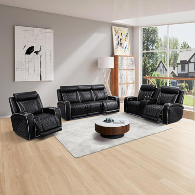 3-Piece Breathing Leather Power Reclining Living Room Sofa Set With LED Light And Wireless Charging Station