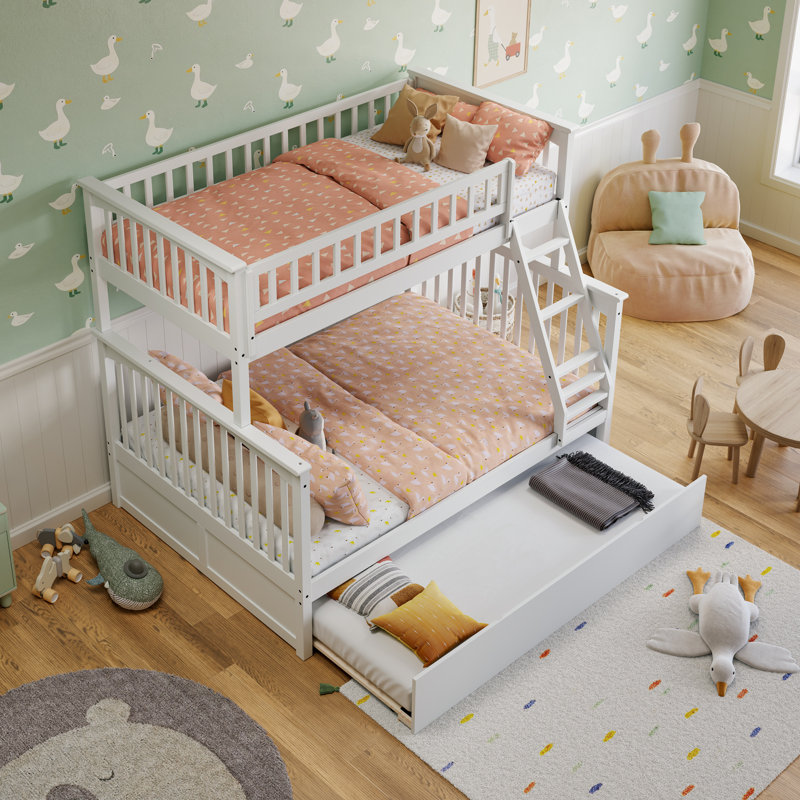 Blaisdell Solid Wood Standard Ladder Bunk Bed with Roll Out Trundle, Twin over Full, White