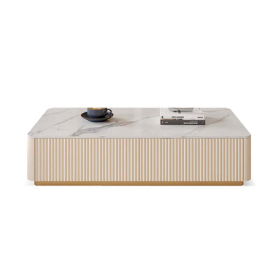 White Crystal-cream Sintered Stone Manufactured Wood Rectangular Coffee Table