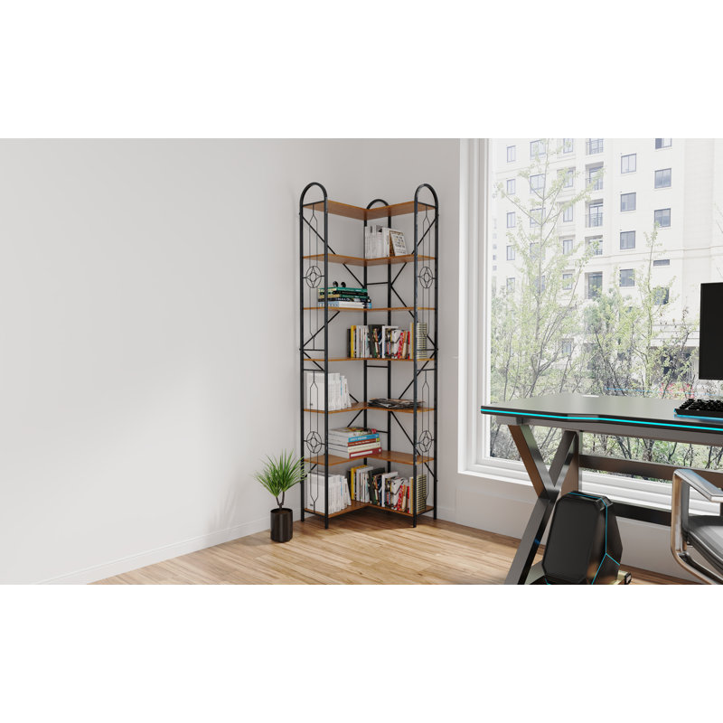 Corner Shelf, 7-Tier Industrial Corner Bookshelf, Wood and Metal Corner Etagere Bookcase, L Shaped Bookshelf Freestanding Display Shelf for Living Room, Kitchen, Home Office, Space-Saving Design