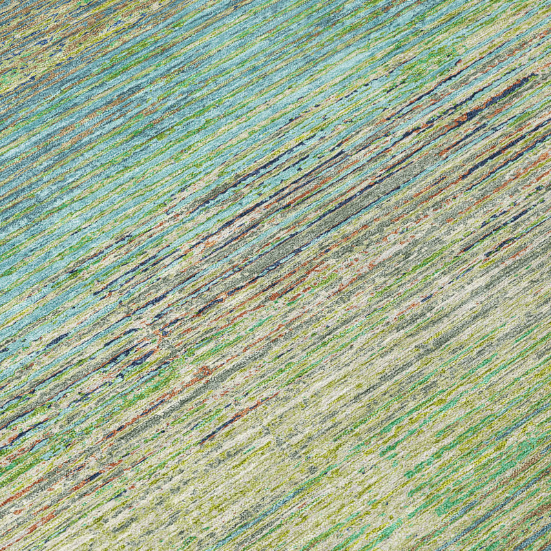 Machine Washable Green and Blue Synthetic Stripe Rug