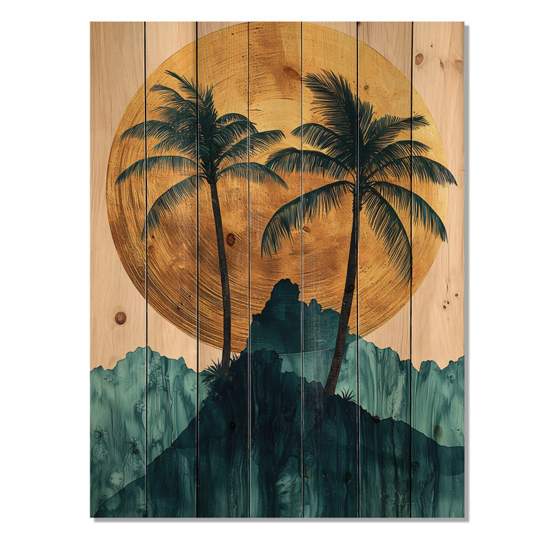 Emerald Palm Trees On Golden Tropical Sunrise II - Palms & Palm Trees Wood Print, 20" H x 10" W x 0.78" D