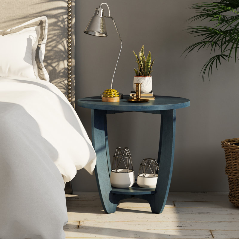 Arch Farmhouse End Table with Storage Shelf, French Country Accent Side Table, Blue, Blue