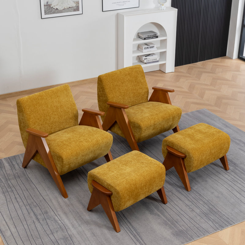 Upholstered Chenille With Footstool Armchair, Yellow, 2
