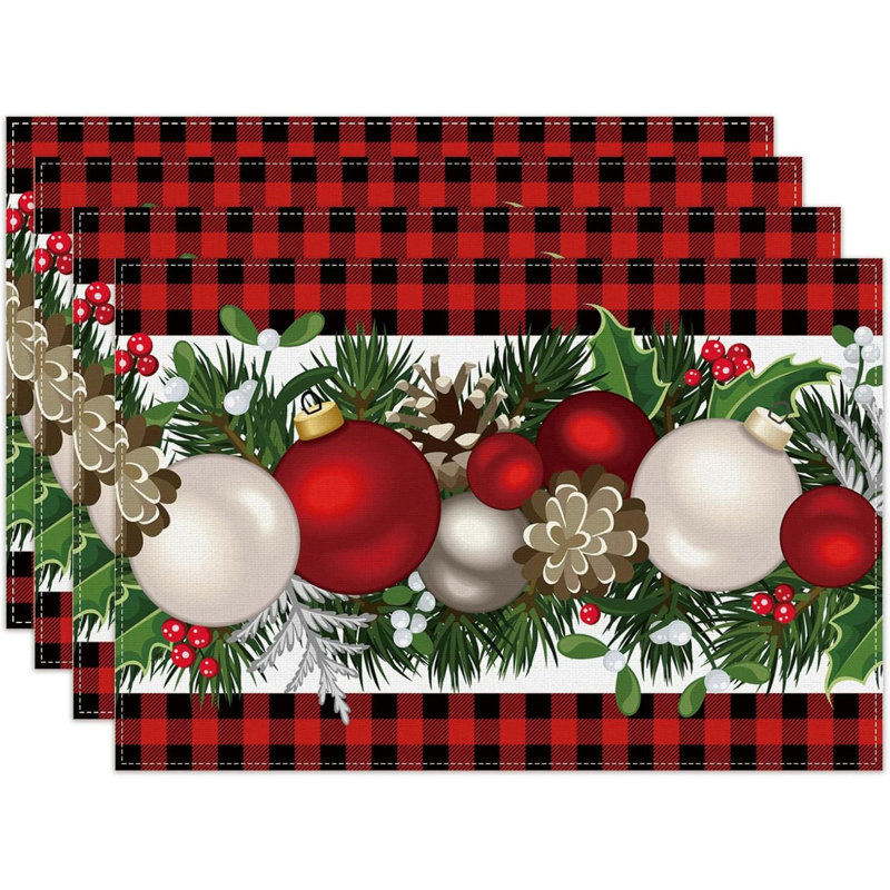 Linen  Buffalo Check Plaid Christmas Placemats Set Of 4 Farmhouse Winter Christmas Xmas Holiday Home Kitchen Table Decorations